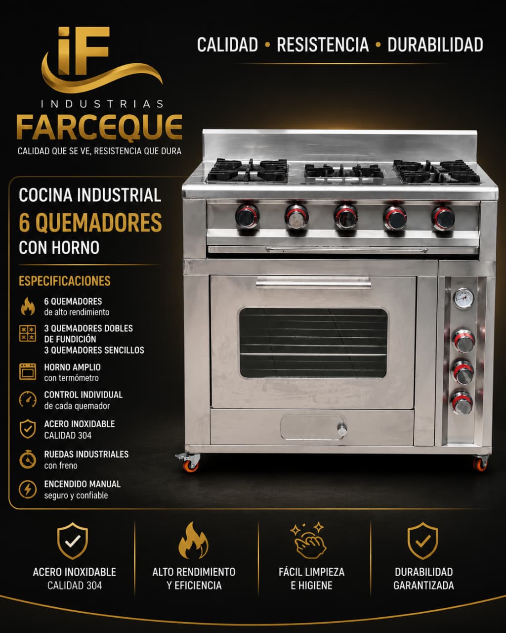 Cocina industrial 6 quemadores con horno  Calidad AISI 304