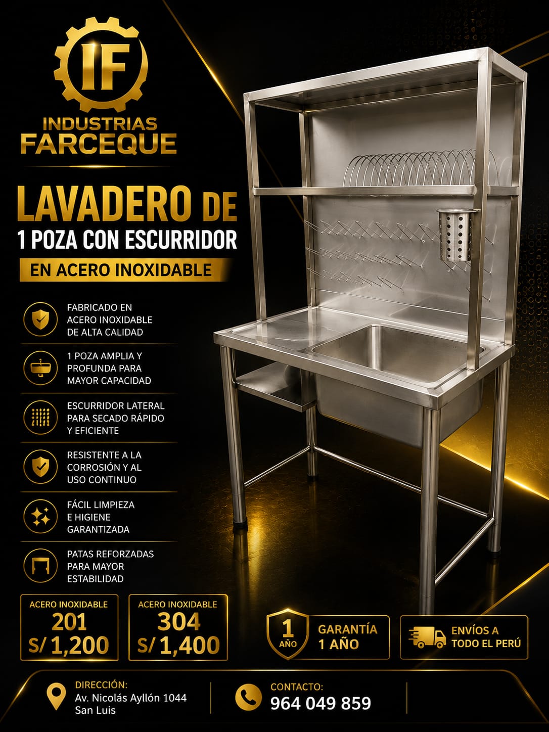 LAVADERO DE 1 POZA CON ESCURRIDOR EN ACERO INOXIDABLE  201