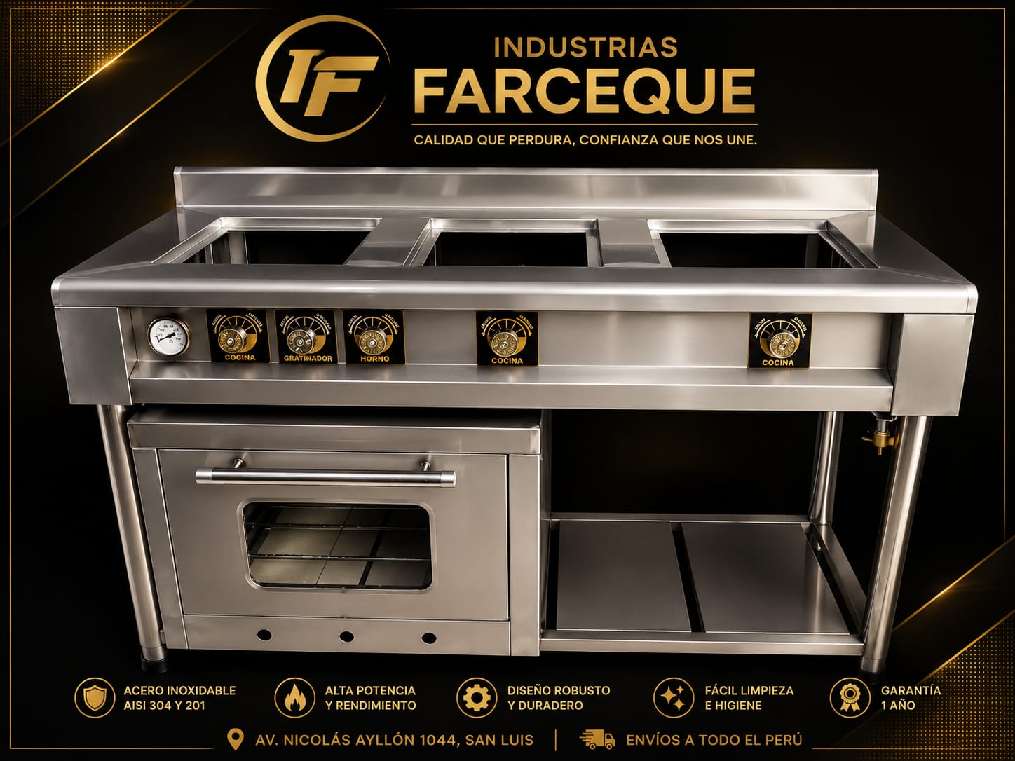 COCINA INDUSTRIAL DE 3 HORNILLAS CON HORNO calidad AISI 304